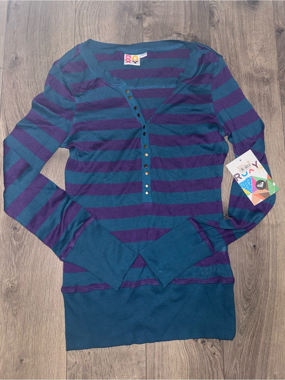 Roxy Teal and Purple Striped Long Sleeve Henley Top
